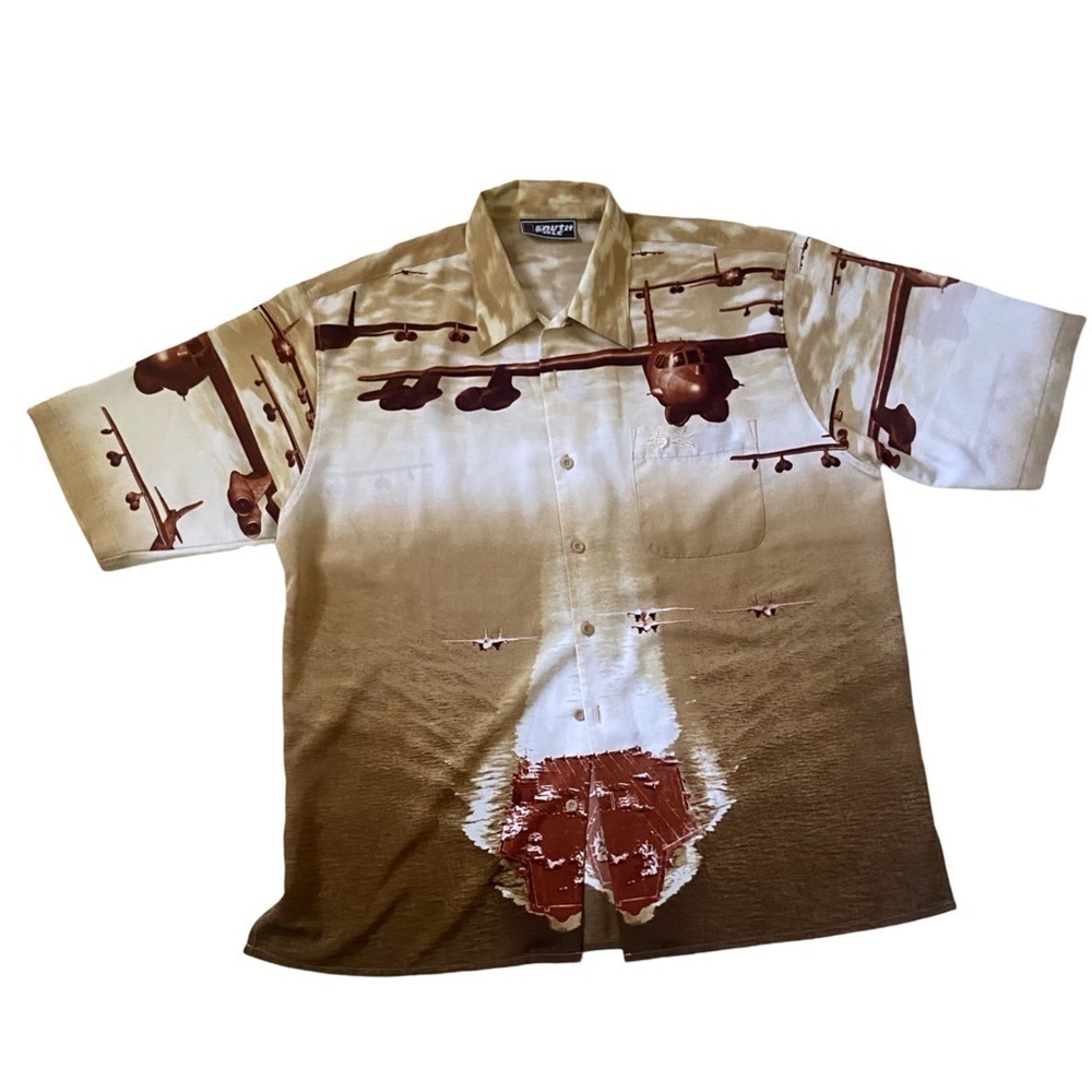 VINTAGE Southpole Shirt Mens XL Beige Aircraft Carrier All Over AOP Y2K 90’s